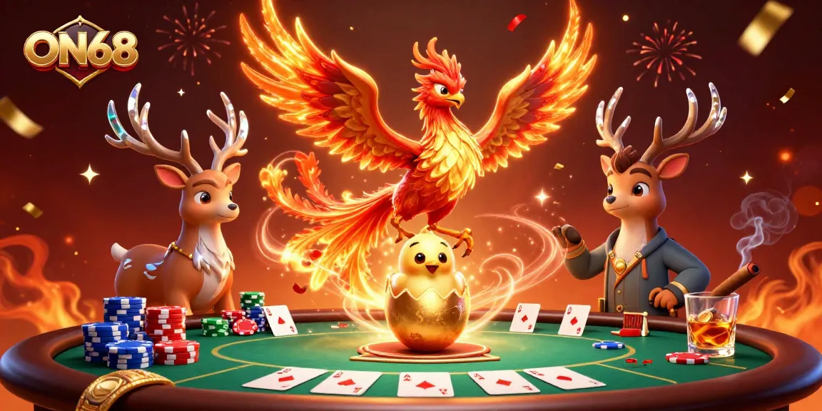 Experience the excitement of ON68 with a dynamic illustration of mythical creatures amidst poker elements.