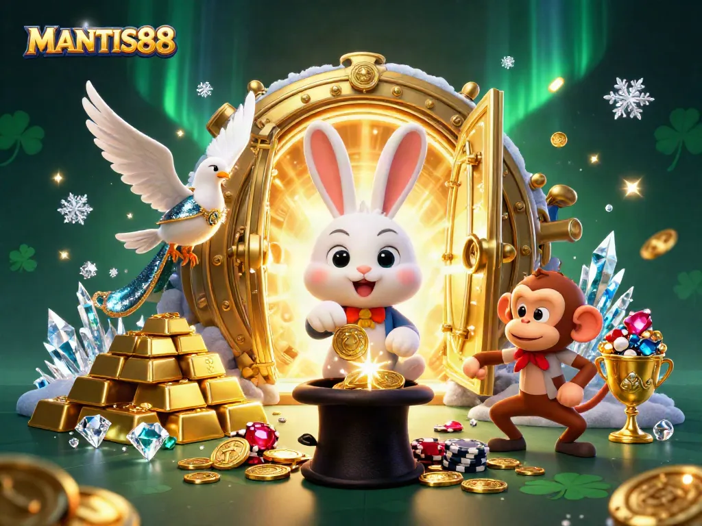 MANTIS88 brings excitement with a vibrant illustration of a magician rabbit, sparkling coins, and playful monkey at a casino.