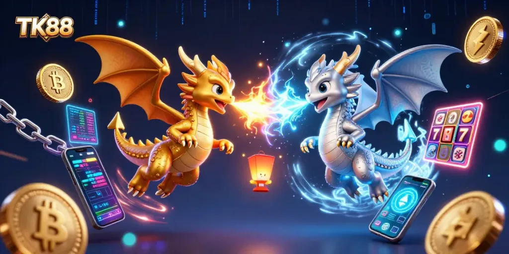 Engage with vibrant TK88 gaming dynamics featuring gold and silver dragons amid slot reels and cryptocurrencies.