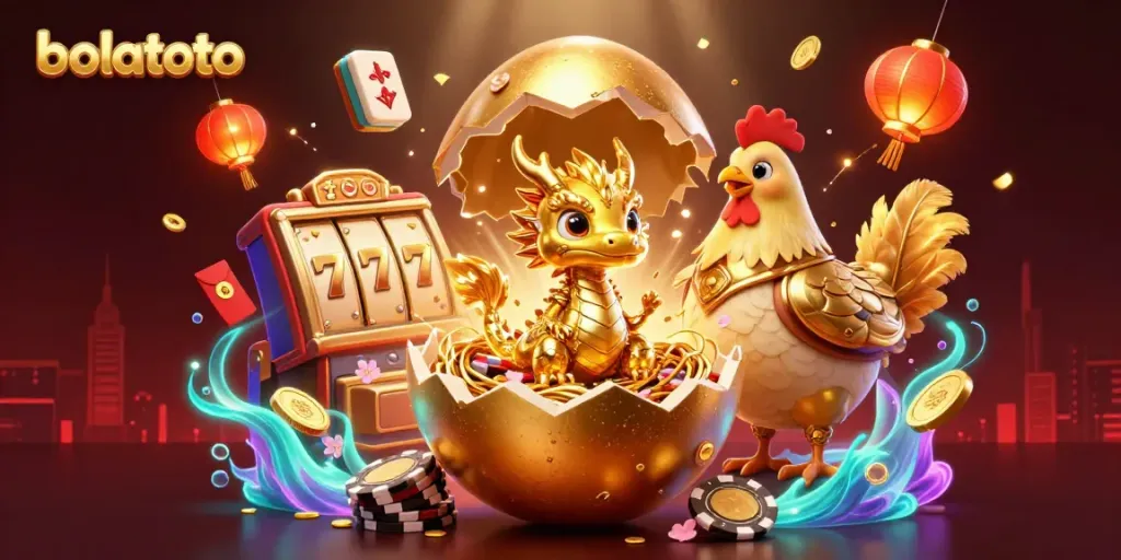 Experience the excitement of bolatoto with a golden baby dragon and poker elements in this vibrant illustration.