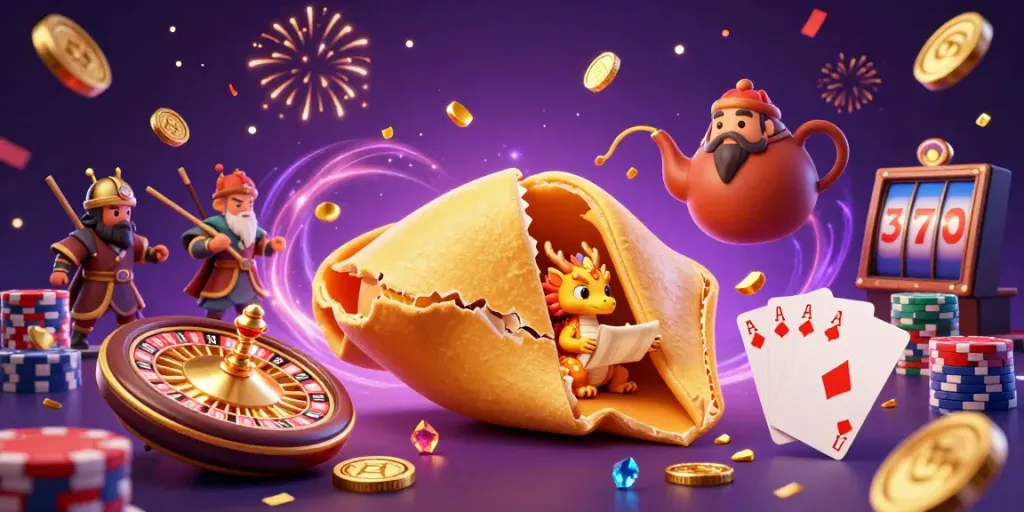 Experience the vibrant energy of 32win with a golden fortune cookie and a wise dragon in an exciting casino atmosphere.