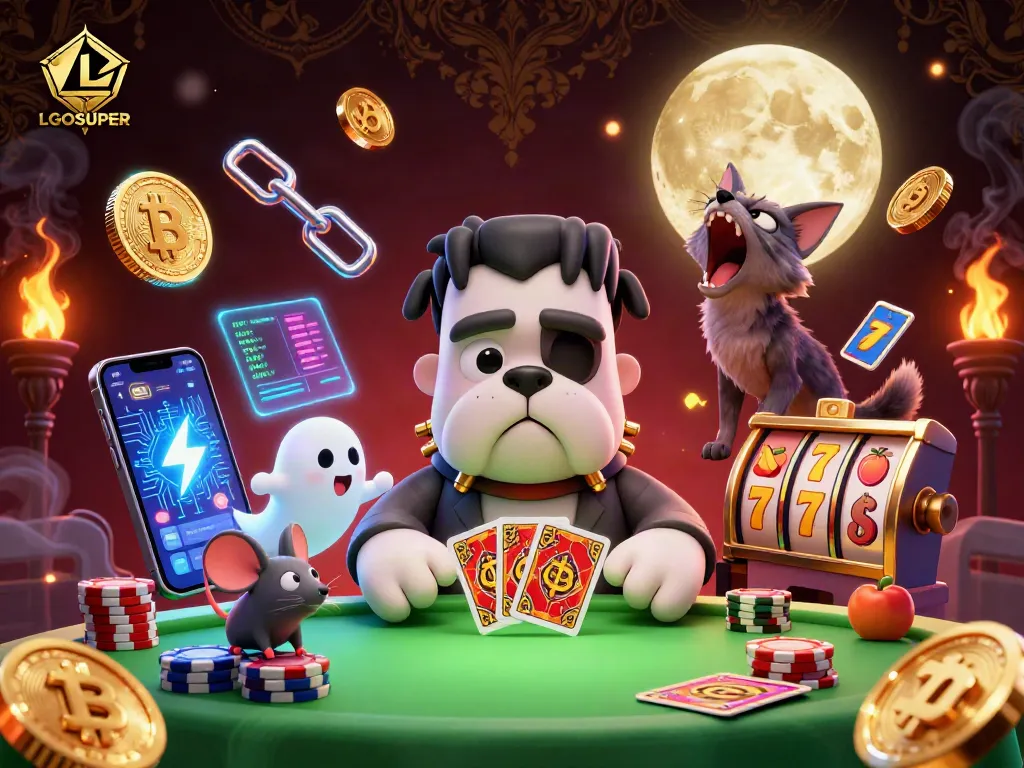 Engage with LGOSUPER as a Frankenstein bulldog shuffles cards at a vibrant, spooky casino scene.