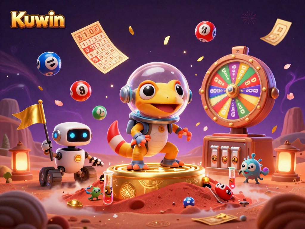 Kuwin offers thrilling casino excitement with colorful lottery elements surrounding a Martian gecko and a robot buddy.