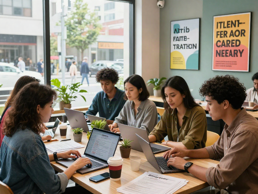 Collaboration among young professionals searching for หางาน in a modern urban co-working space
