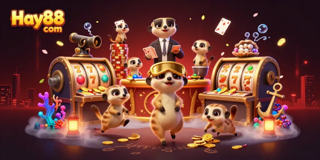 Experience thrilling play at Hay88 com with cartoon meerkats running a lively casino filled with slot machines.