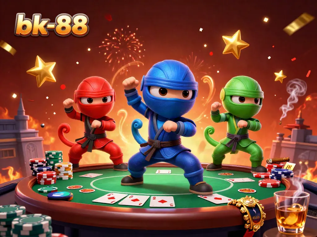 Engage with the excitement of bk-88 as three ninja chameleons celebrate a poker victory with vibrant colors and dynamic casino elements.