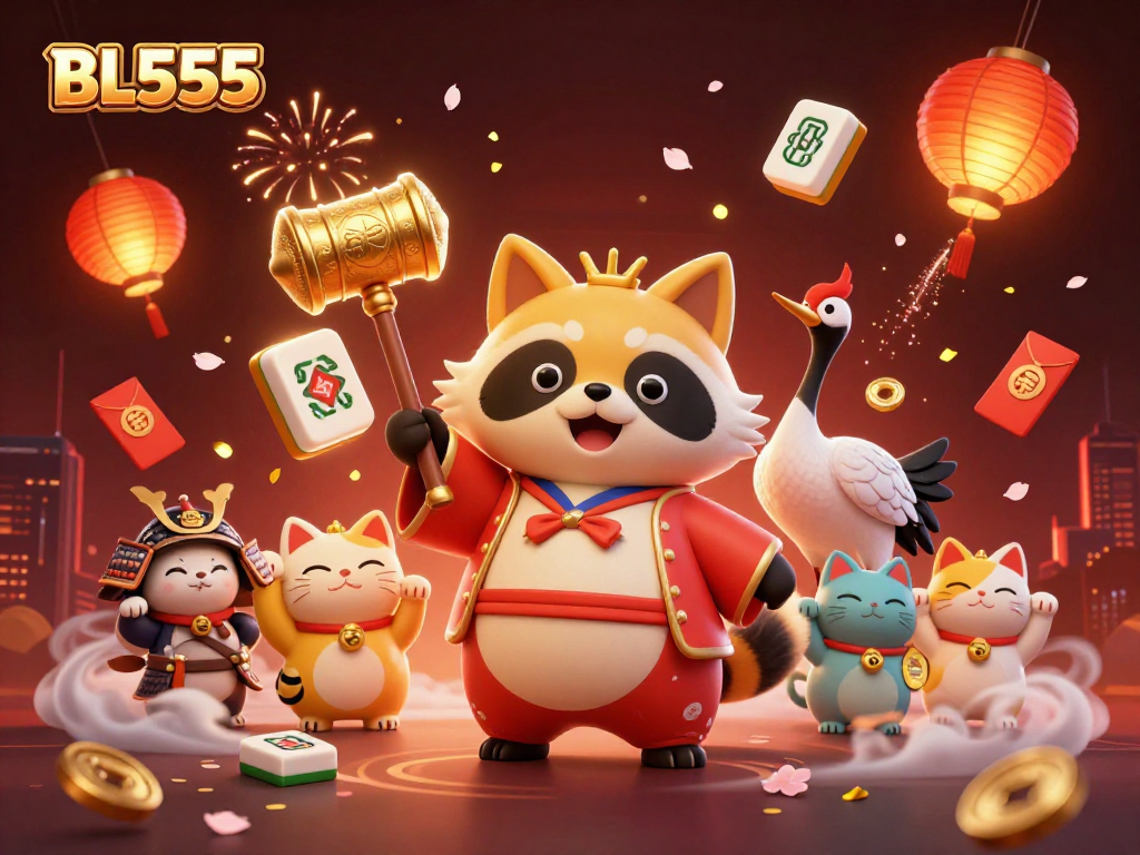 Join the excitement at BL555 Casino with vibrant characters and festive elements in this 3D scene.