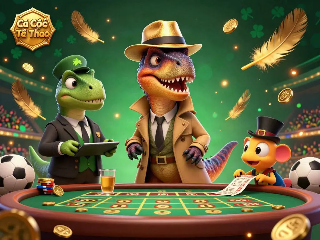 Engage in Cá Cược Thể Thao with a 3D velociraptor card counter surrounded by sports betting excitement.