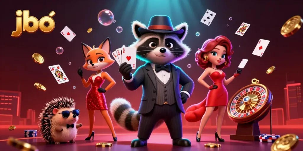 Experience thrilling gameplay with jbo's vibrant raccoon and fox characters amidst poker chips and cards.