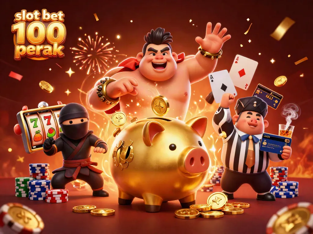 Experience excitement with slot bet 100 perak featuring a golden piggy bank wrestler in a dynamic casino scene.