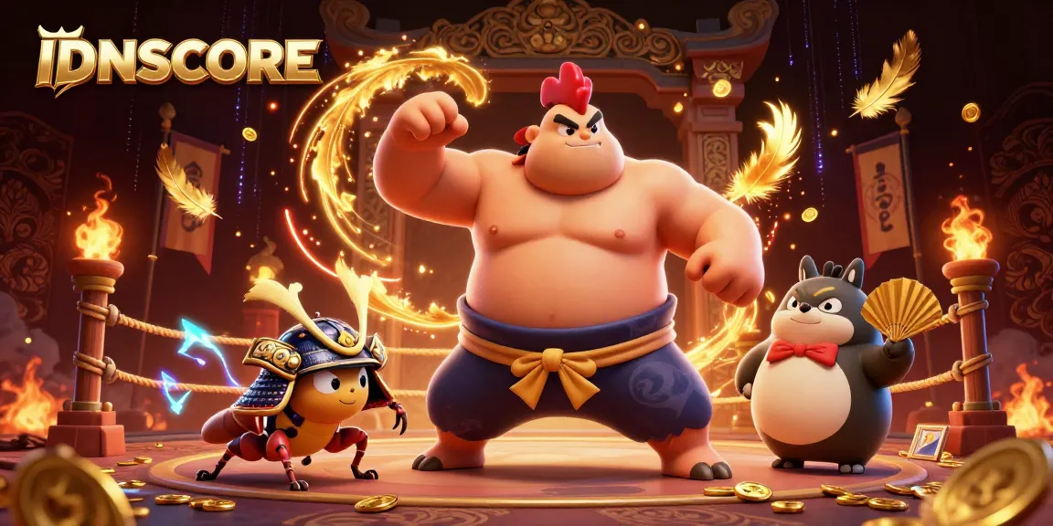 IDNSCORE betting champions featuring dynamic sumo wrestler rooster and fierce cricket in a vibrant casino arena.