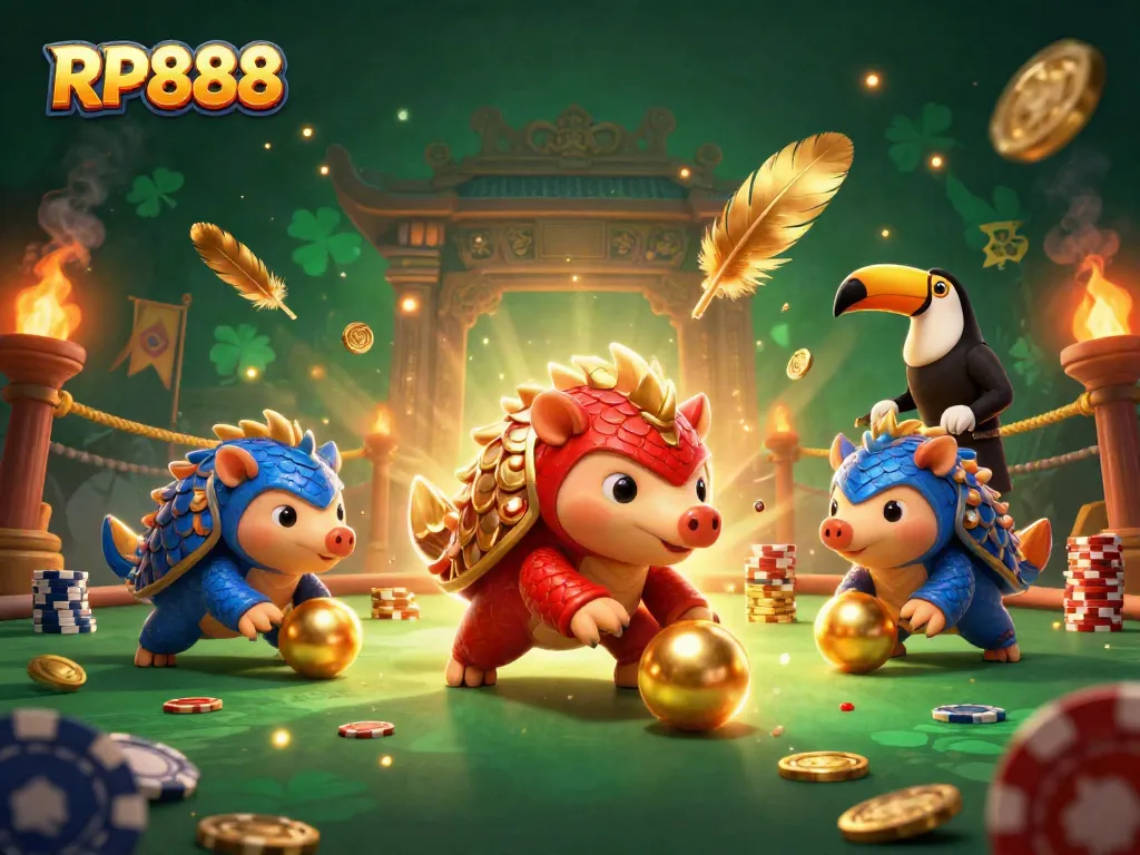Spin the reels and boost your chances with RP888 in a vibrant casino battle scene!
