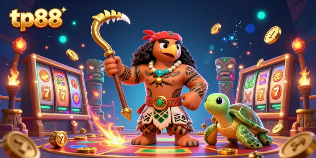 Experience the vibrant excitement of tp88 with a Maui-style demigod and turtle in a colorful casino scene.
