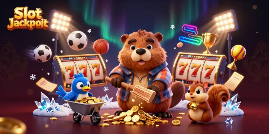 Experience the excitement of Slot Jackpot with a vibrant 3D illustration featuring animated characters collecting golden coins.