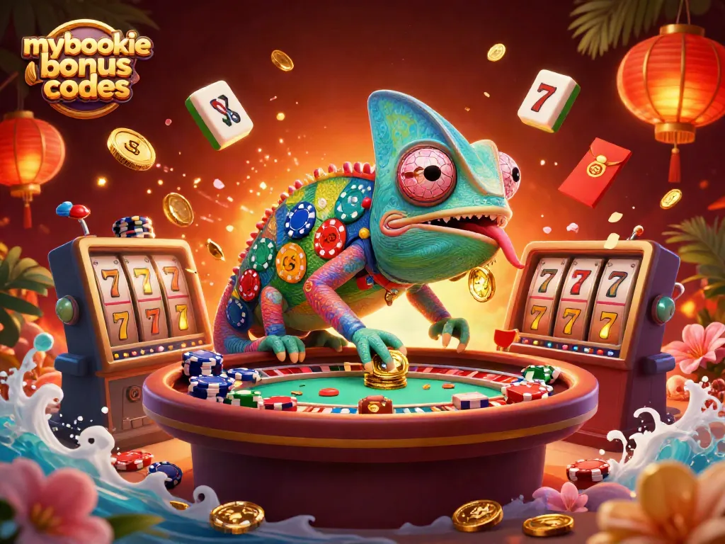Play with mybookie bonus codes as a colorful chameleon casino owner catches coins in a vibrant casino.