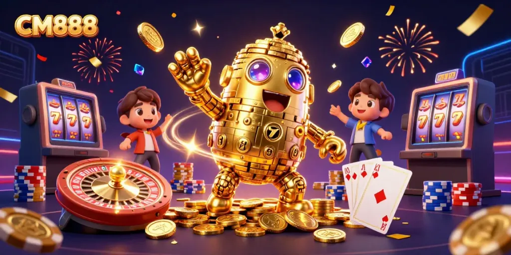 Experience the thrill of CM888 with a dynamic casino-themed scene featuring a golden golem and celebratory elements.