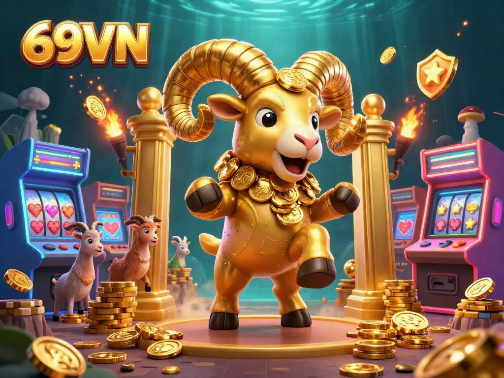 Experience the thrilling excitement of 69VN as a golden ram charges through colorful slot elements and game machines, showcasing vibrant casino energy.