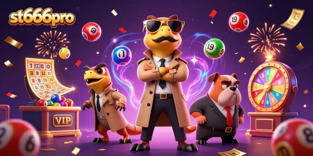 Celebrate winning at st666pro with 3D raptors entering a VIP casino lounge amid vibrant lottery elements.