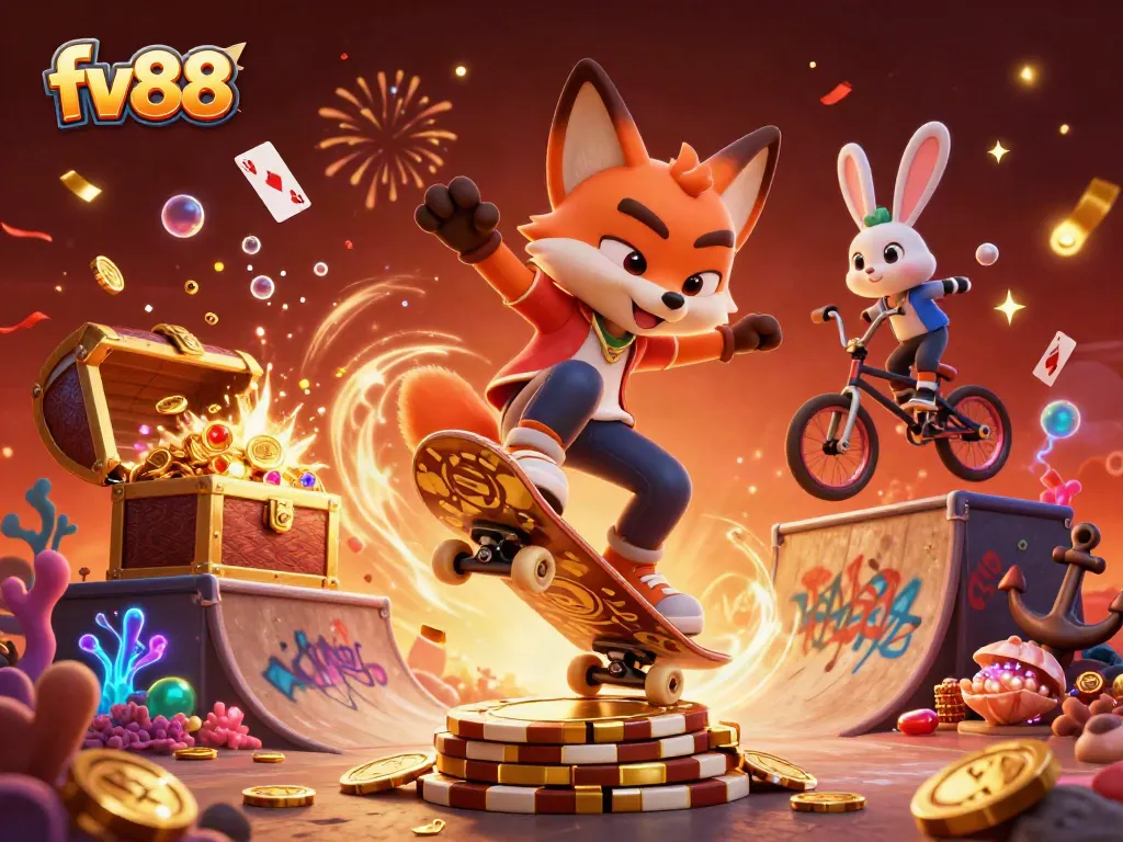 Experience thrilling action in fv88 with a skateboarder fox and BMX-riding rabbit surrounded by casino elements.