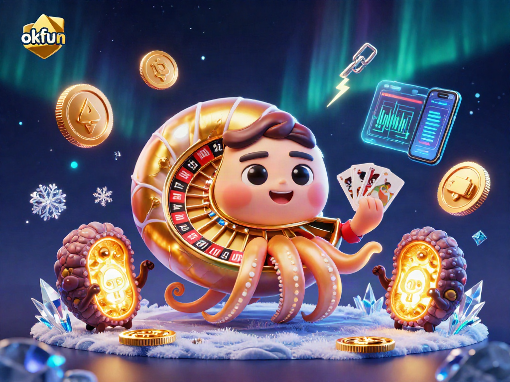 Engage in thrilling gaming at okfun with a vibrant scene featuring a nautilus roulette wheel and glowing crypto coins.