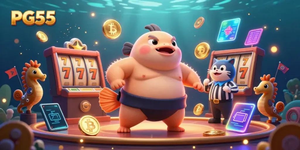 Engage with the PG55 underwater casino scene featuring a fugu and catfish in a vibrant slot-themed environment.
