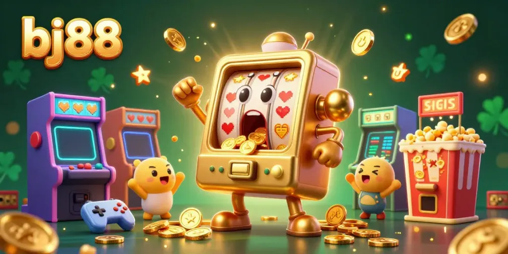 Experience the excitement of bj88's golden slot machine hitting a jackpot, surrounded by cheering mini slots and dynamic gaming elements.