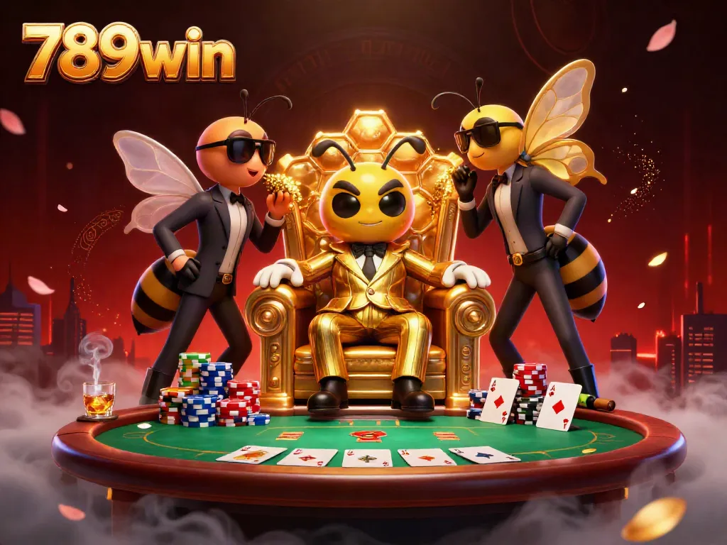 Engage in thrilling poker action at 789win with a vibrant 3D scene featuring a cartoon bumblebee mob boss.