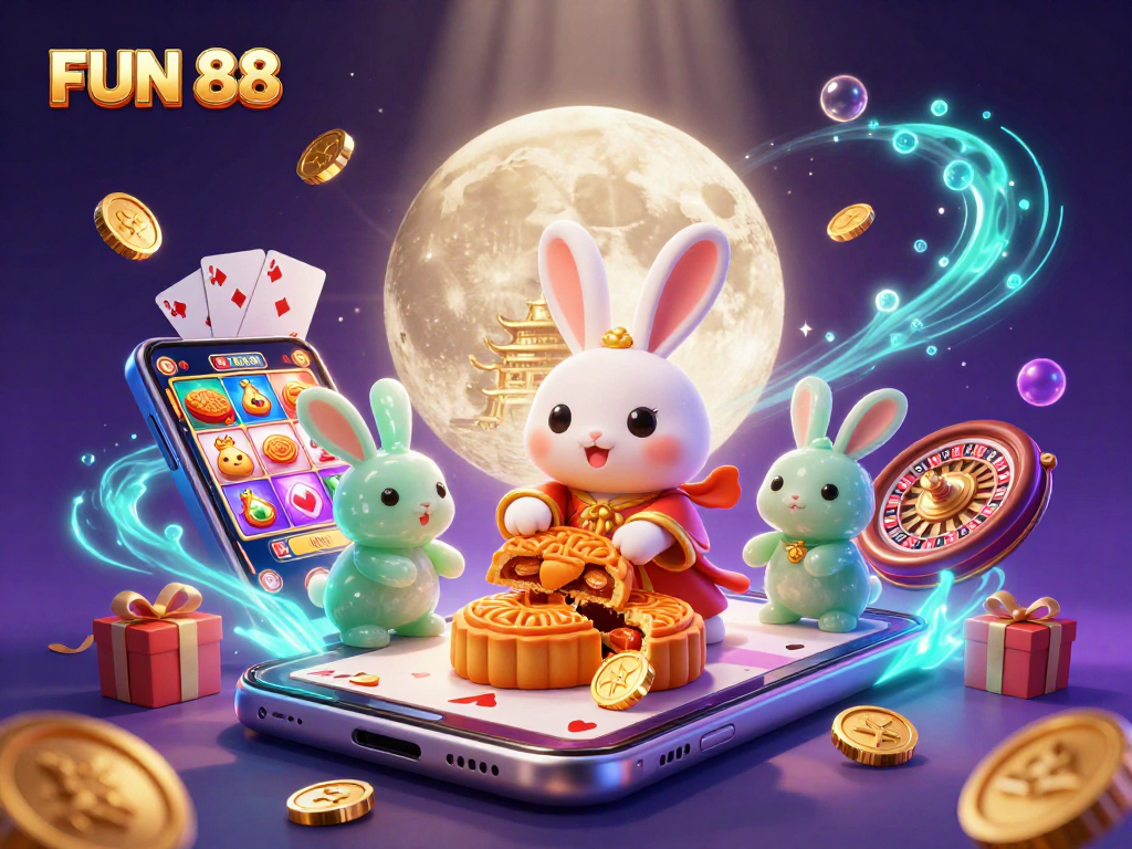 Experience FUN 88 with shimmering poker chips and vibrant slot games in a magical moonlit scene.