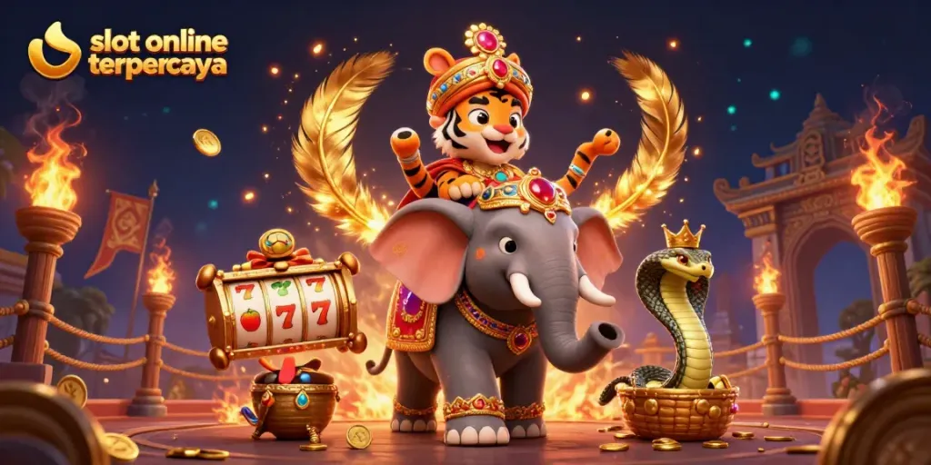 Experience excitement with slot online terpercaya featuring vibrant visuals of a maharaja tiger and elephant.