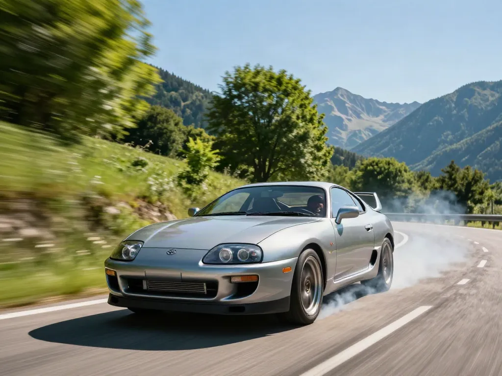 Driving the A80 platform Toyota Supra on a scenic mountain road during a thrilling ride.