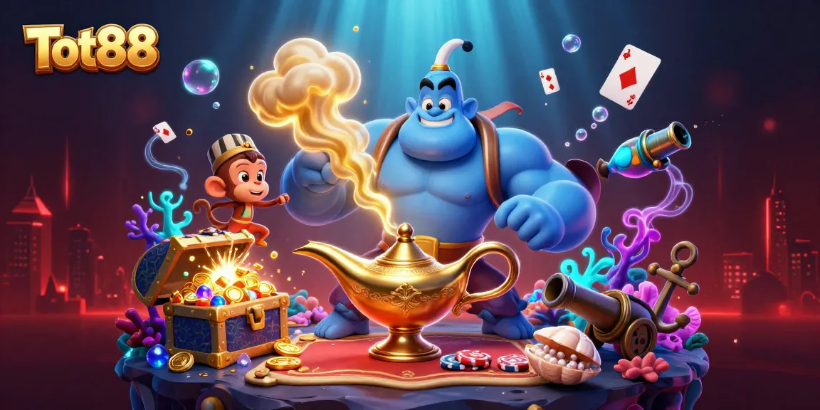 Experience the excitement of Tot88 with a dynamic 3D casino scene featuring a magical genie and treasure.