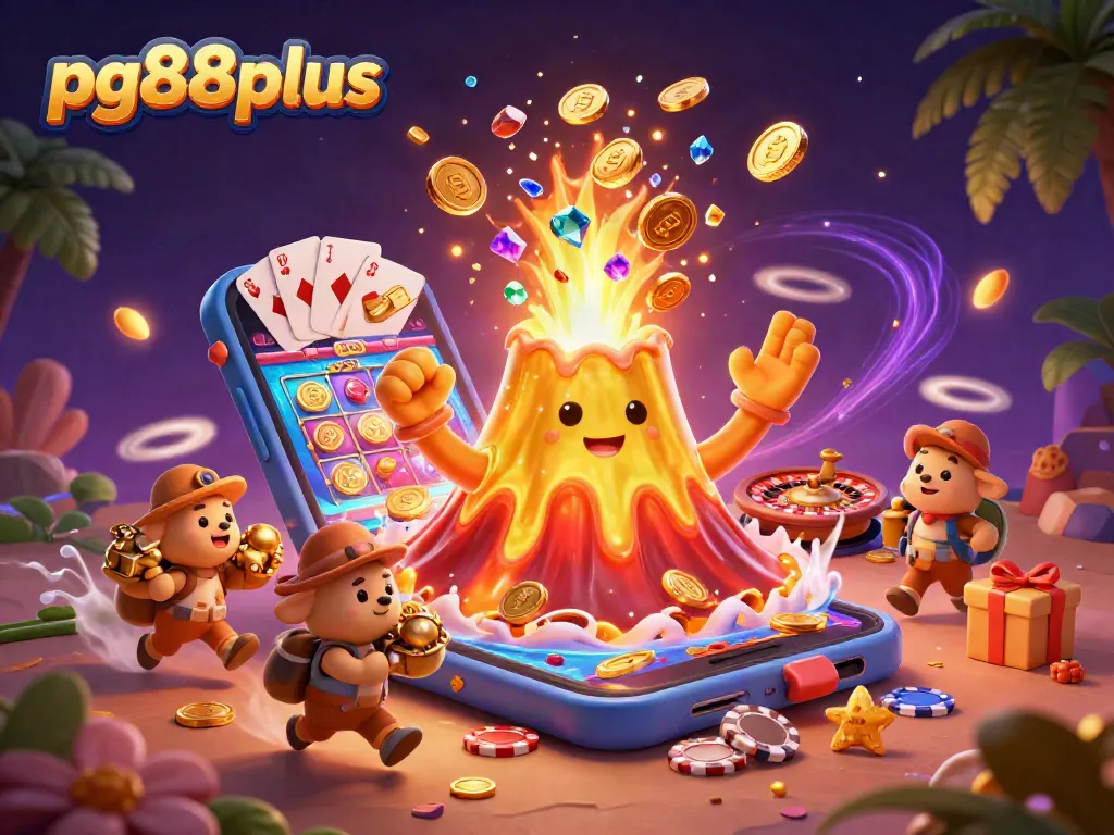 Spin the slot reels at pg88plus while golden treasures erupt from a volcanic scene.