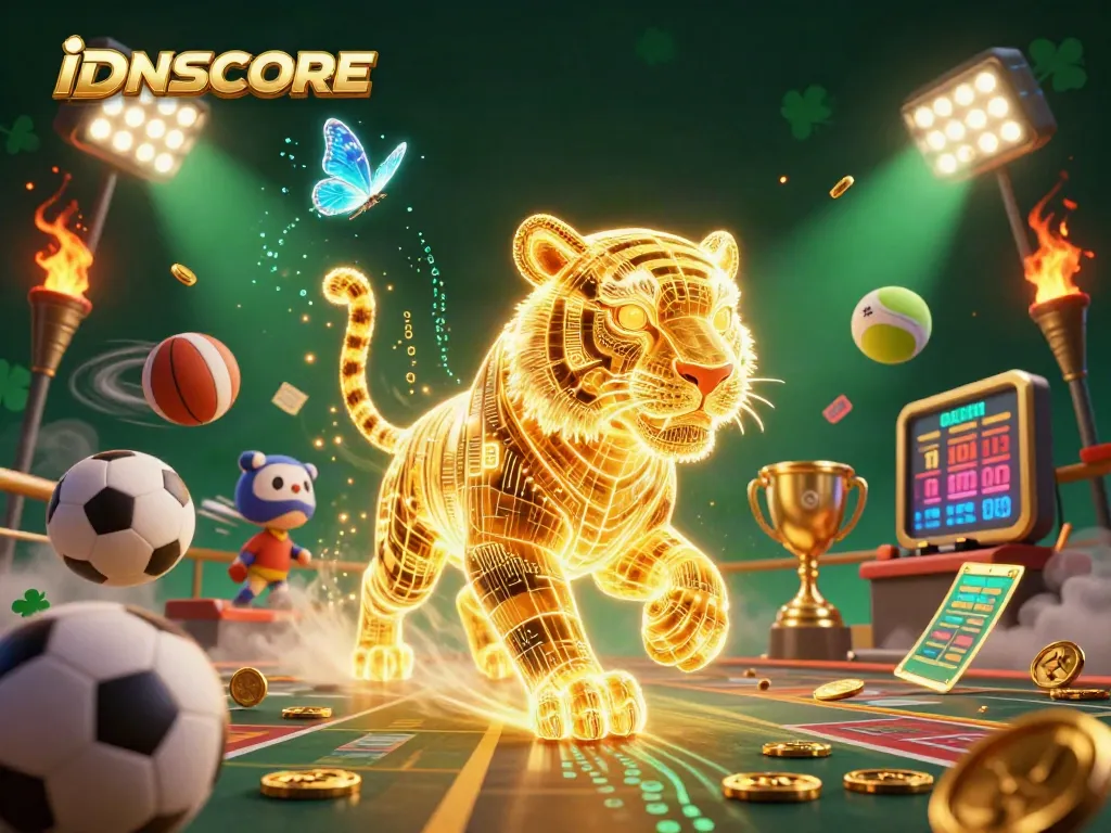 IDNSCORE showcases dynamic sports betting action with a vibrant neon tiger in a rich casino landscape.