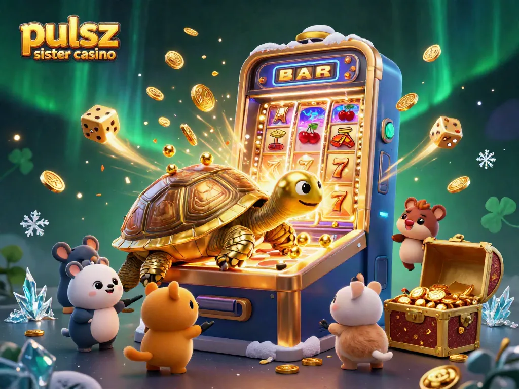 Pulsz sister casino offers thrilling slot gameplay and fun animation with a golden tortoise game machine.