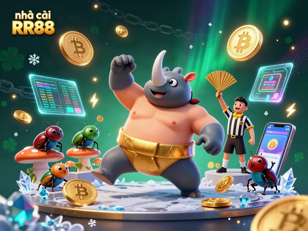 Engage with nhà cái RR88's dynamic gaming scene featuring a beetle champion amidst flying coins and cryptocurrency elements.