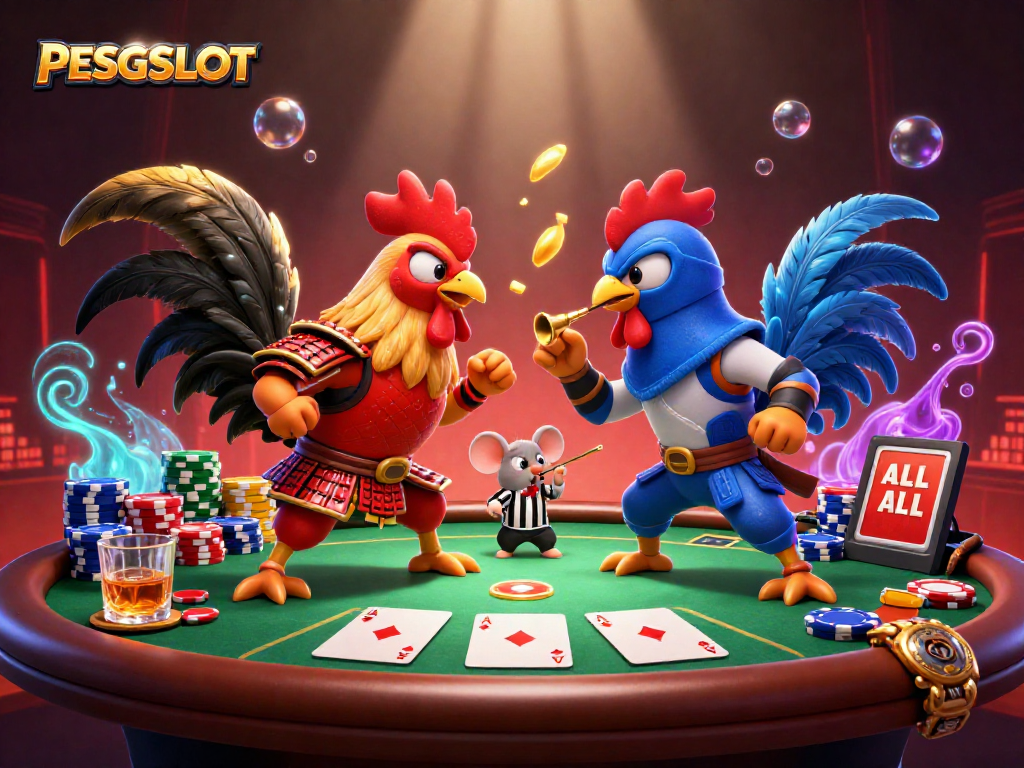 PESGSLOT menunjukkan roosters bertarung dengan backdrop judi, menciptakan suasana menarik dan dinamis.